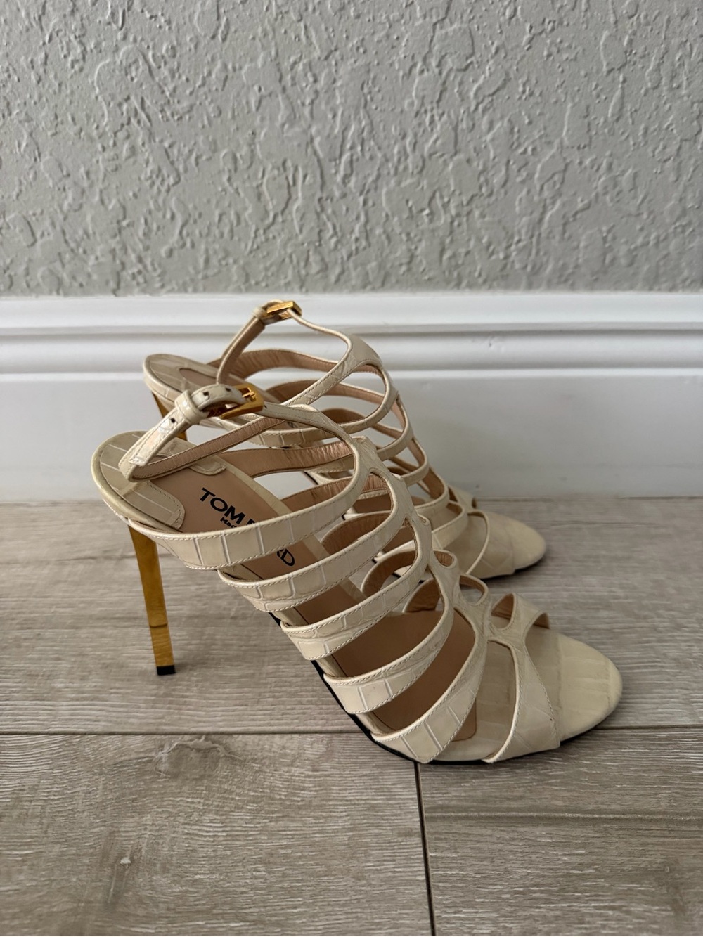 Tom Ford Ivory Multi-Strap Stiletto Sandals with Gold Heel women’s 10 (40)
